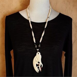 Vintage Hand Carved Bone Snow Leopard Spirit Animal Necklace Asian Mythic Style